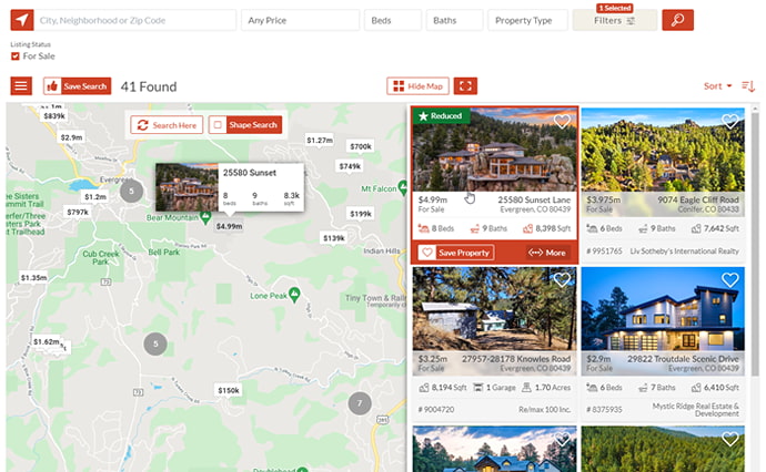 MLS map search with split screen to show properties and polygon area search tools.