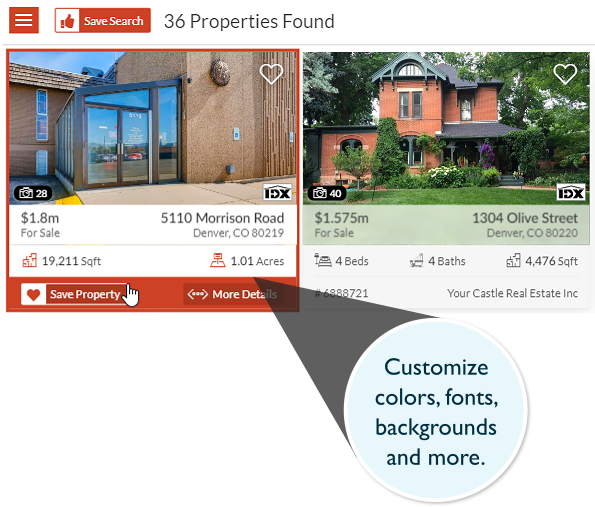 Customization options properties and MLS search into your real estate website design theme.